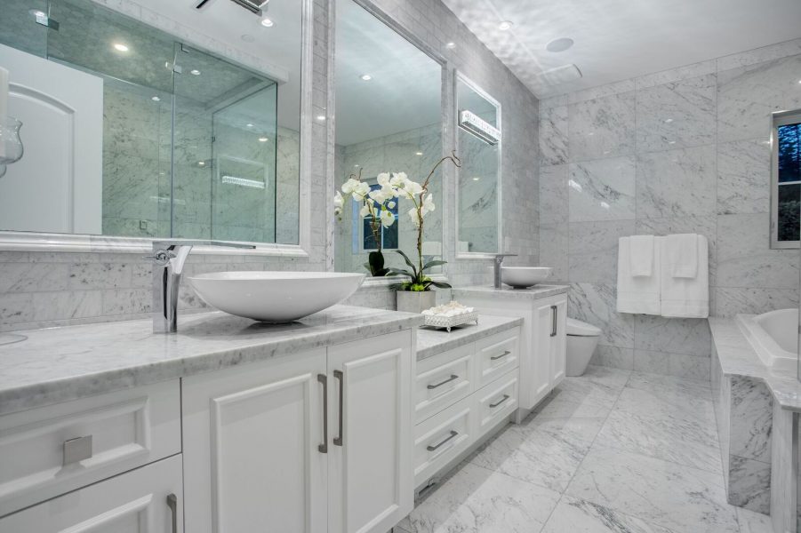 Carrara Bianco Marble Bathroom With Black Vanity